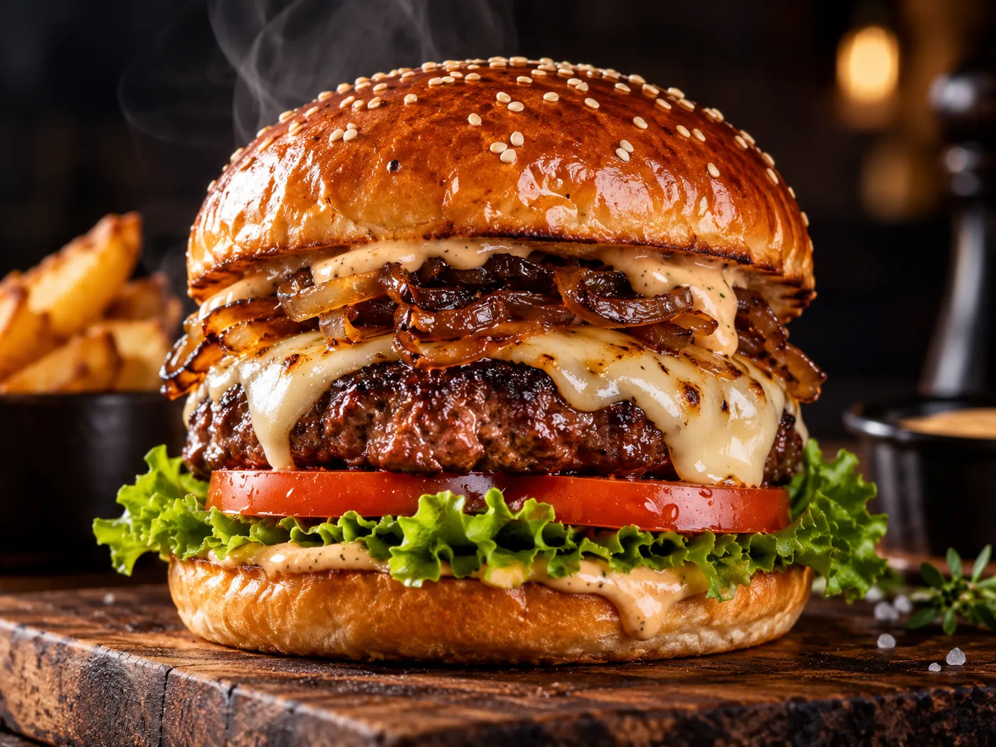 Hamburguesa a la brasa con cebolla caramelizada y queso fundido